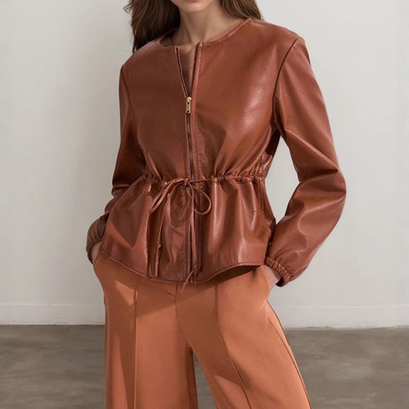 Women's Zip Front Faux Leather Jacket, Long Sleeve Drawstring Waist Jacket