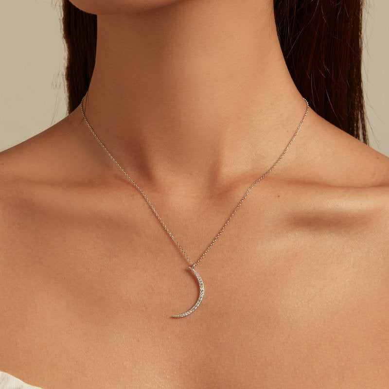 Sterling Silver Crescent Moon Jewelry Necklace With Platinum Plating And Zircon