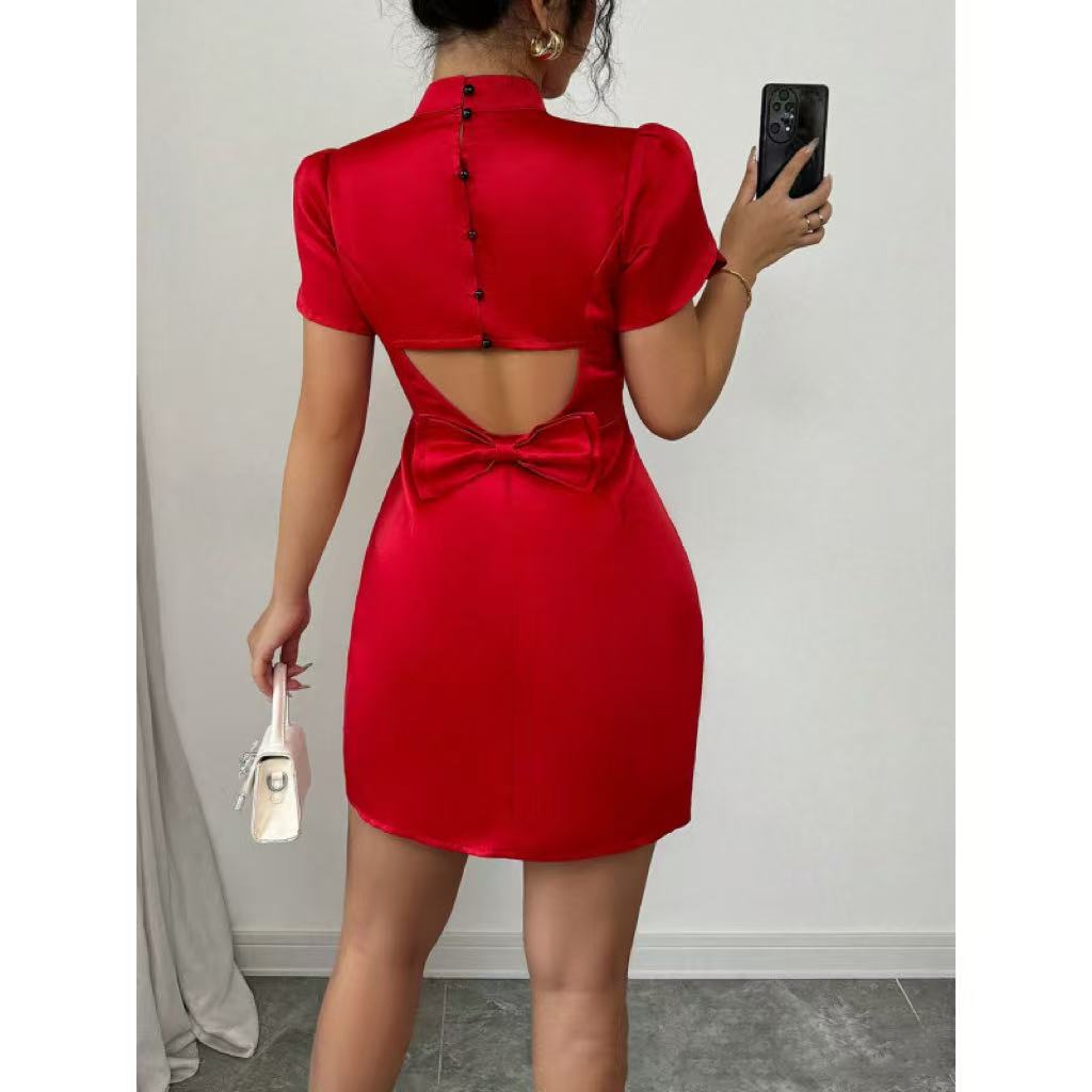 Womens Fashion Half-Neck Hollow-Out Bow-Knot Dress