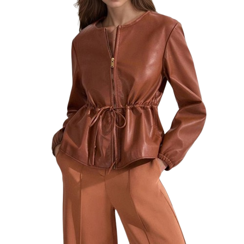 Women's Zip Front Faux Leather Jacket, Long Sleeve Drawstring Waist Jacket