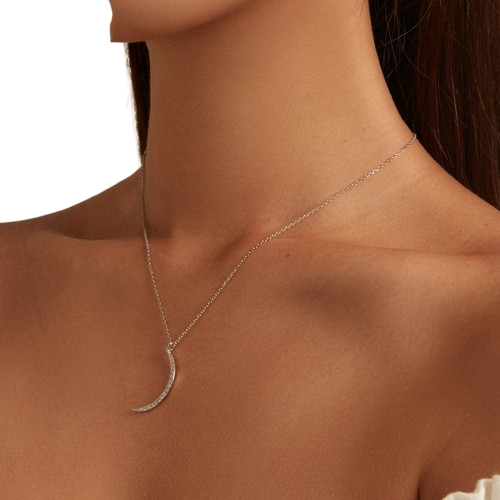 Sterling Silver Crescent Moon Jewelry Necklace With Platinum Plating And Zircon