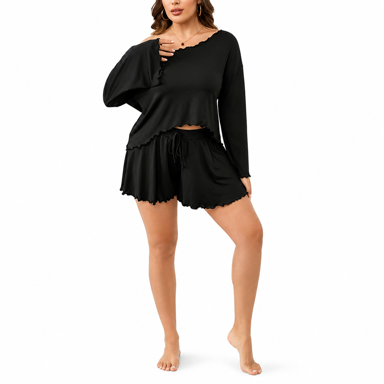 Simple-style Plus-size Loungewear Set Summer Ruffled-edge Long-sleeve Top And Cropped Pants