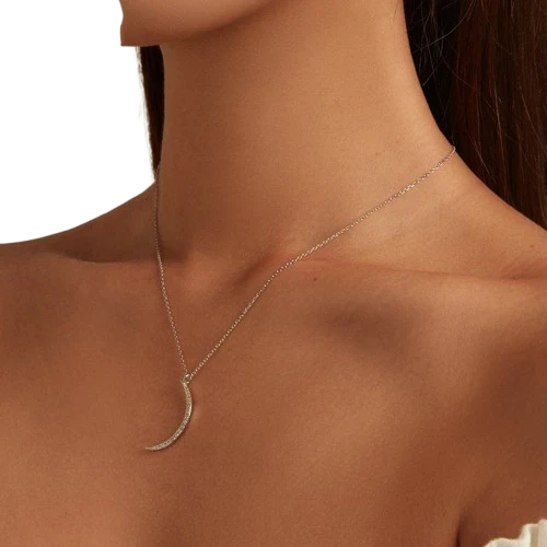 Sterling Silver Crescent Moon Jewelry Necklace With Platinum Plating And Zircon